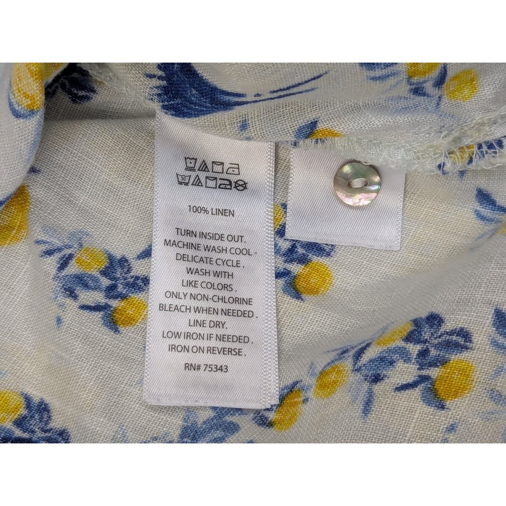 Isaac Mizrahi Women's Linen Button Front Shirt Blue Yellow 1X Floral Birds - Picture 5 of 9